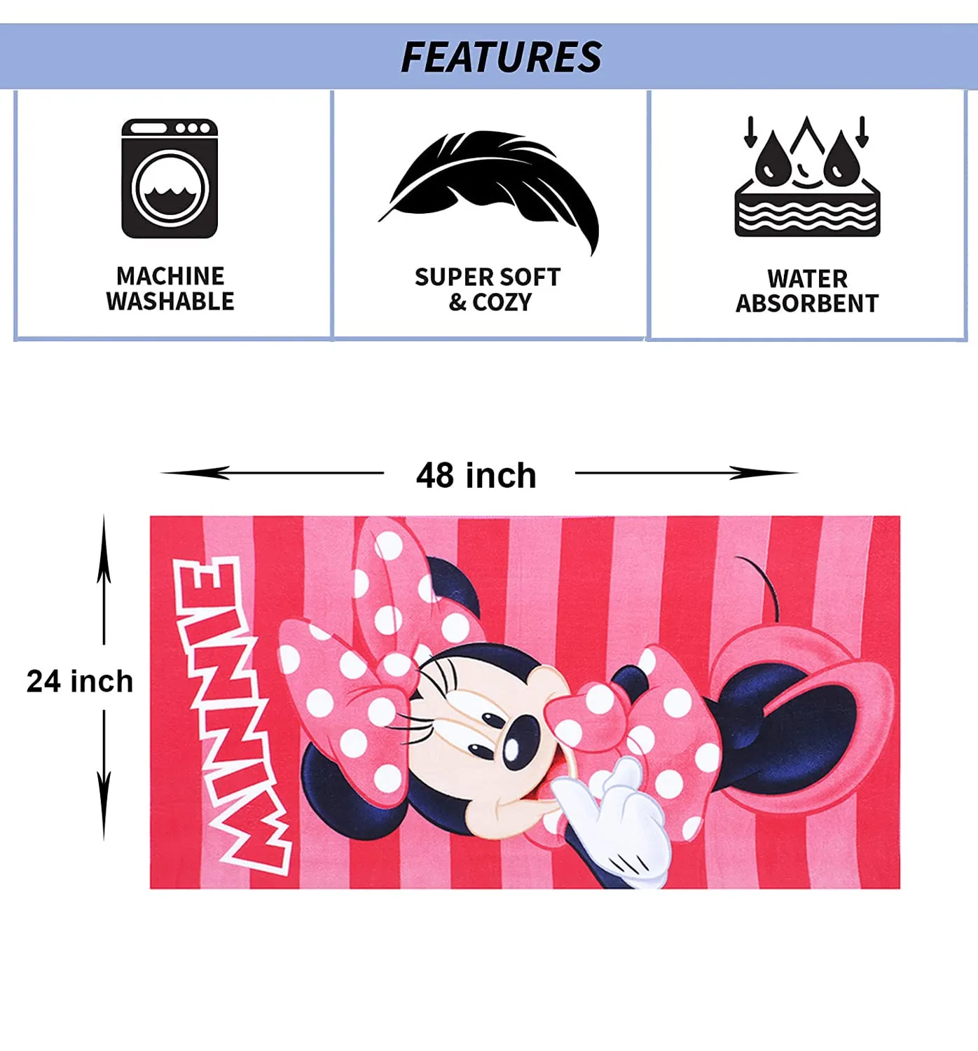 Kuber Industries Disney Minnie Kids Bath Towel|Soft Cotton Towel for Kids|Sides Stitched Baby Towel|400 GSM Toddler Bath Towel|24x48 Inch (Pink)