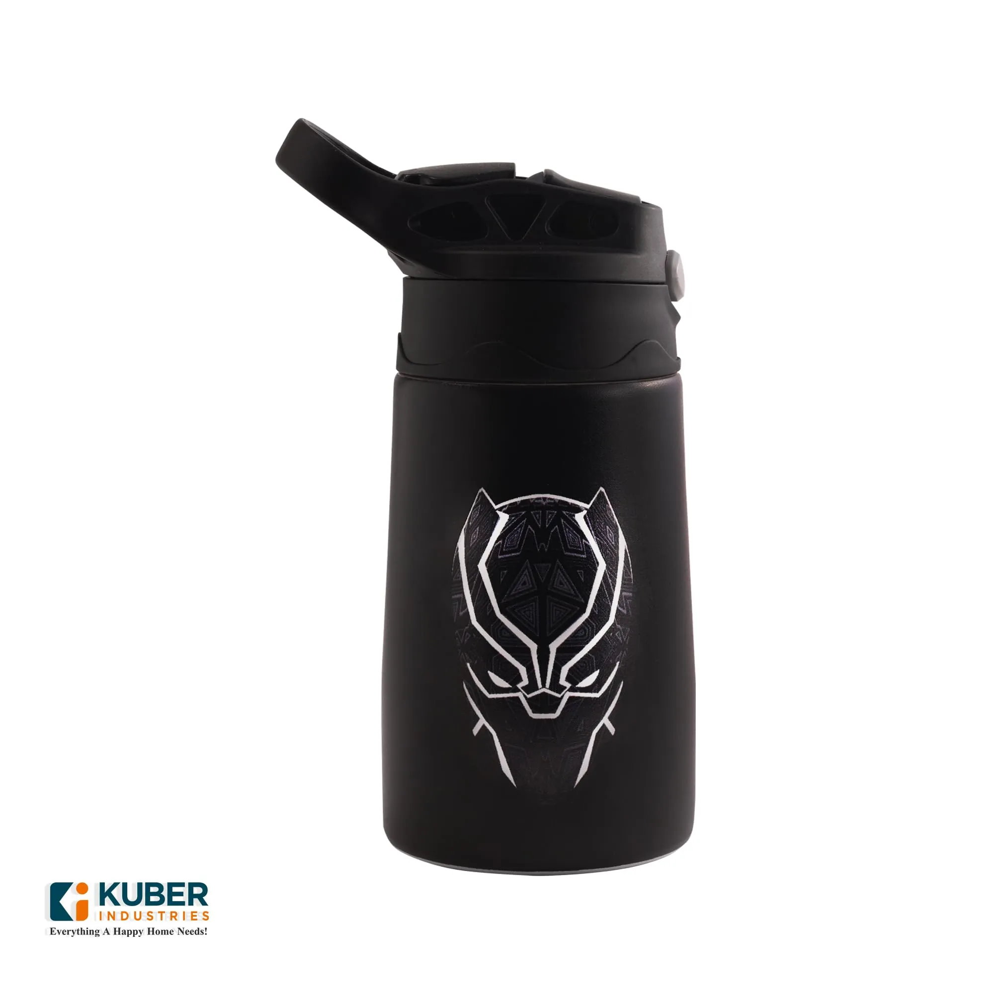 Kuber Industries Stainless Steel Kids Water Bottle | Black Panther Kids Water Bottle | 350 ml Insulated Water Bottle | Water Bottle with Push-Button Flip Lid | Water Bottle For School |Black