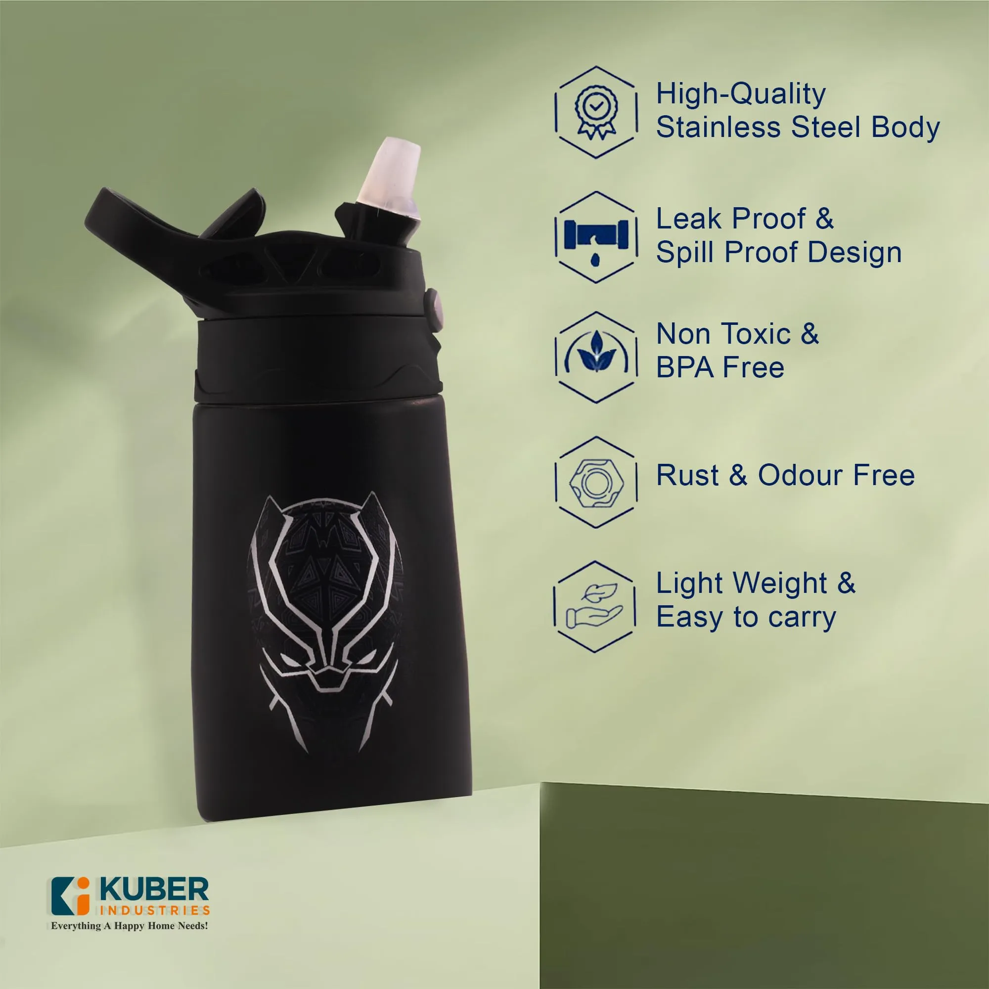 Kuber Industries Stainless Steel Kids Water Bottle | Black Panther Kids Water Bottle | 350 ml Insulated Water Bottle | Water Bottle with Push-Button Flip Lid | Water Bottle For School |Black