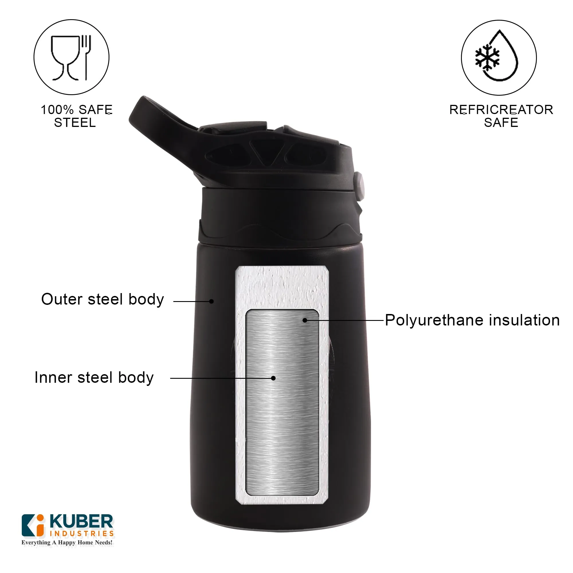 Kuber Industries Stainless Steel Kids Water Bottle | Black Panther Kids Water Bottle | 350 ml Insulated Water Bottle | Water Bottle with Push-Button Flip Lid | Water Bottle For School |Black