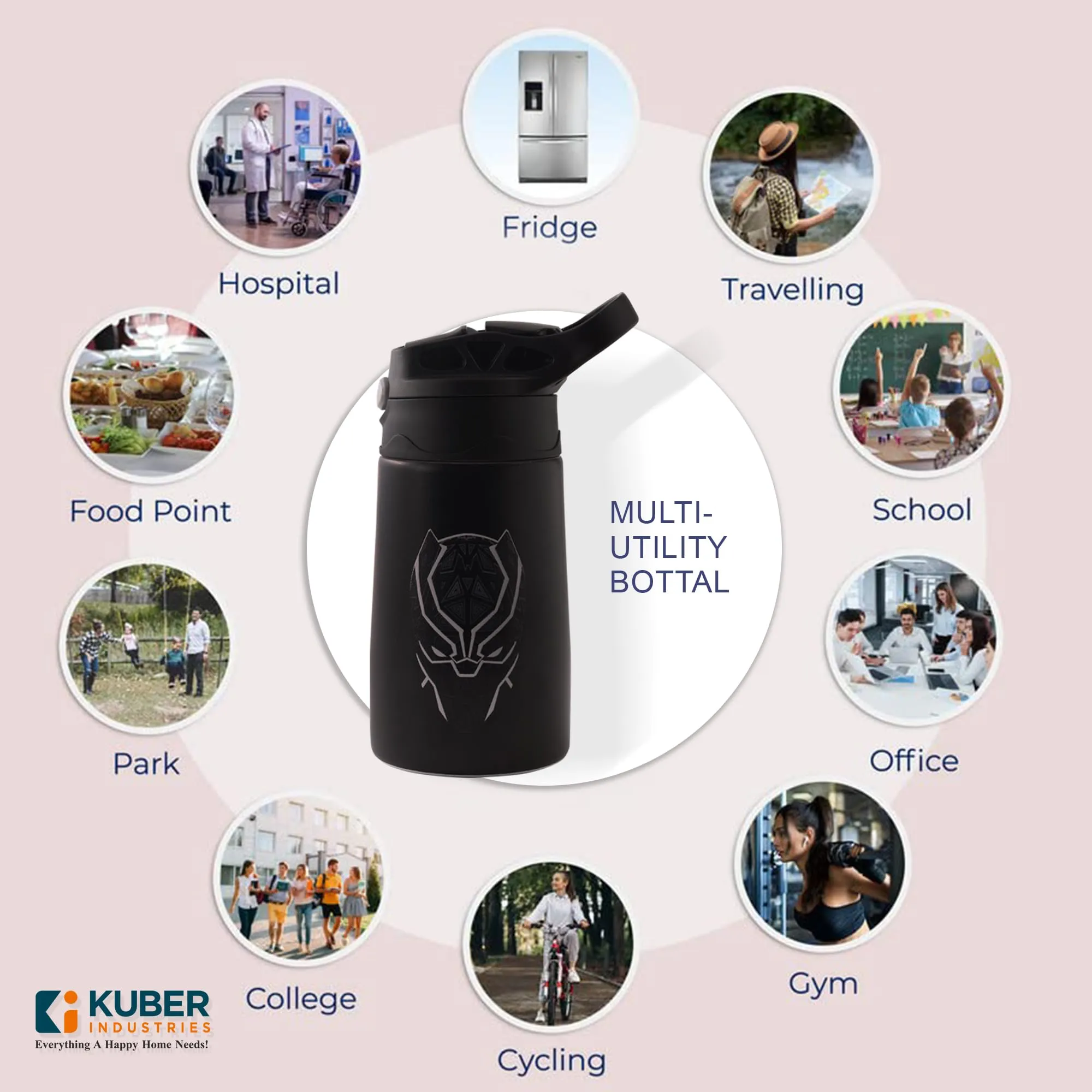 Kuber Industries Stainless Steel Kids Water Bottle | Black Panther Kids Water Bottle | 350 ml Insulated Water Bottle | Water Bottle with Push-Button Flip Lid | Water Bottle For School |Black