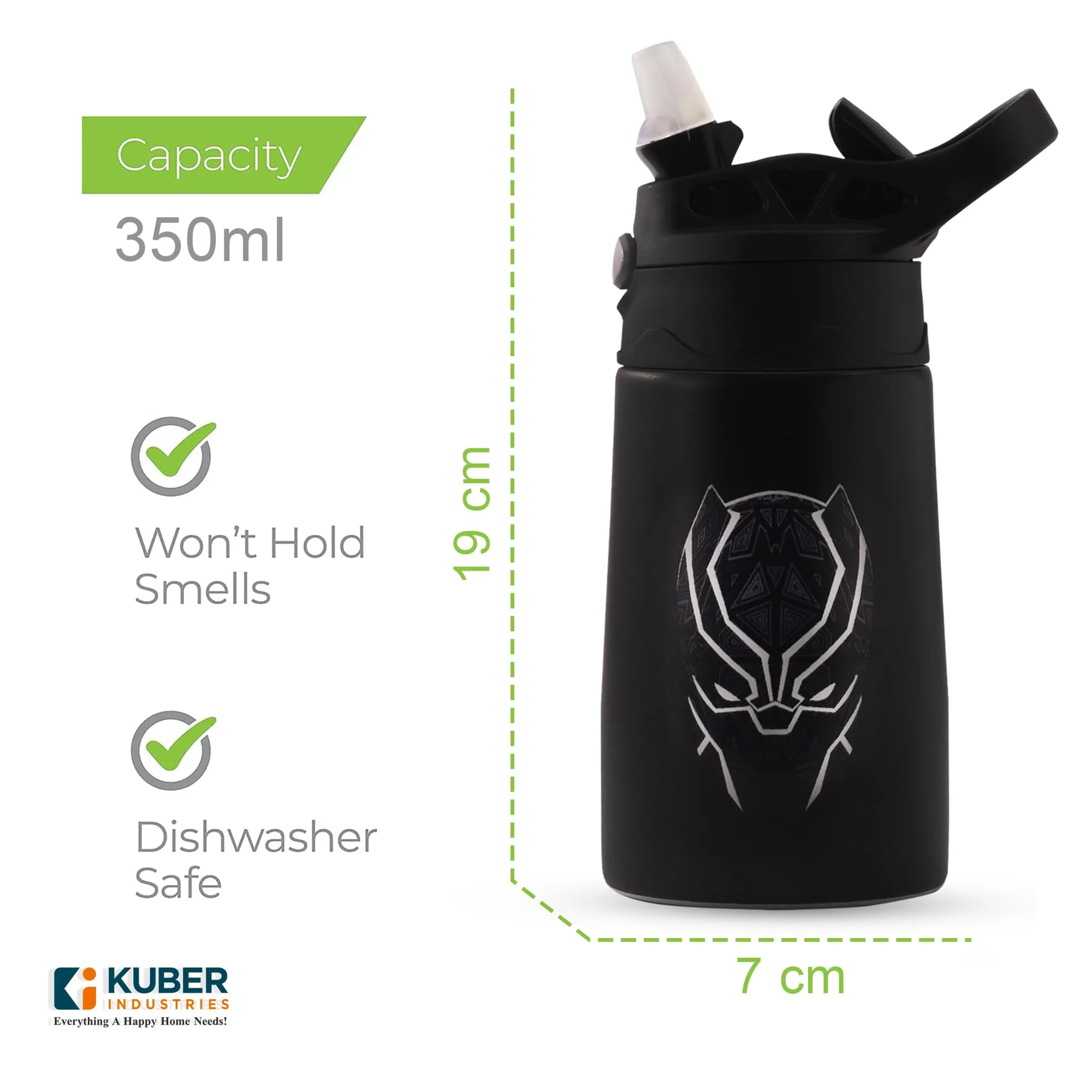 Kuber Industries Stainless Steel Kids Water Bottle | Black Panther Kids Water Bottle | 350 ml Insulated Water Bottle | Water Bottle with Push-Button Flip Lid | Water Bottle For School |Black