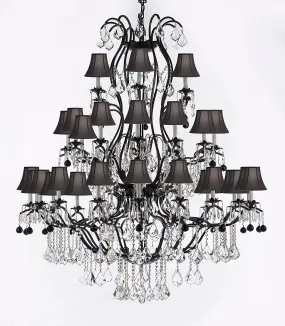 Large Wrought Iron Chandelier Chandeliers Lighting With Jet Black Crystal Balls H60" x W52" - Great for the Entryway, Foyer, Family Room, Living Room w/ Black Shades - A83-B95/BLACKSHADES/3031/36