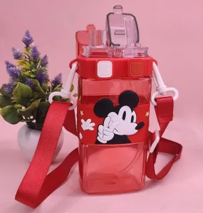 Leak Proof Kid’s Cartoon Square Water Bottle with Double Silicone Straws Lid and Fabric Strap