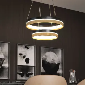 LED Pendant Light Fixture, Double Ring, Round, Dimmable, 3000K (Warm White), Wood and Matte Black (P1222-64)