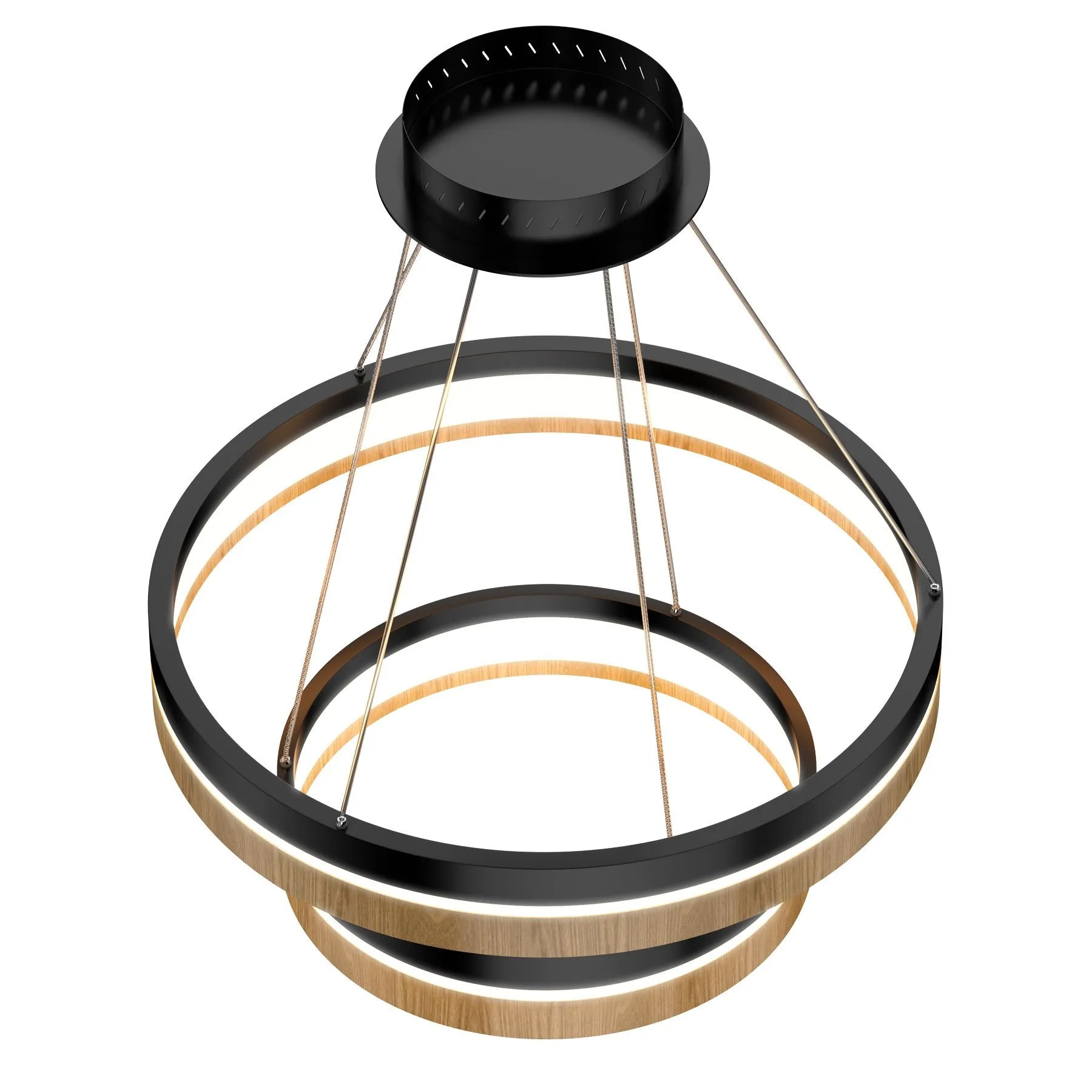 LED Pendant Light Fixture, Double Ring, Round, Dimmable, 3000K (Warm White), Wood and Matte Black (P1222-64)