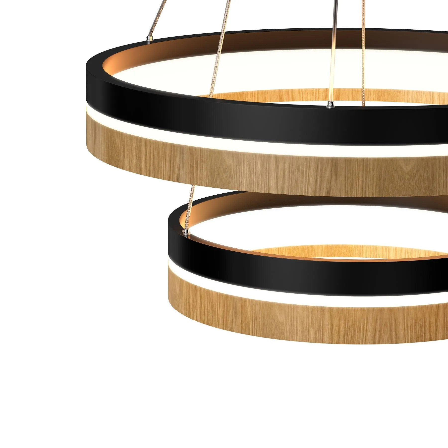 LED Pendant Light Fixture, Double Ring, Round, Dimmable, 3000K (Warm White), Wood and Matte Black (P1222-64)