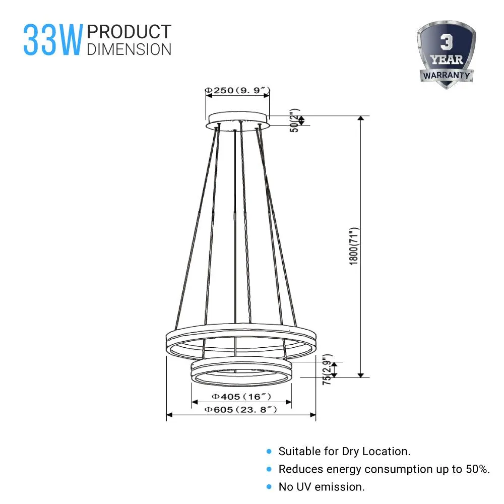 LED Pendant Light Fixture, Double Ring, Round, Dimmable, 3000K (Warm White), Wood and Matte Black (P1222-64)