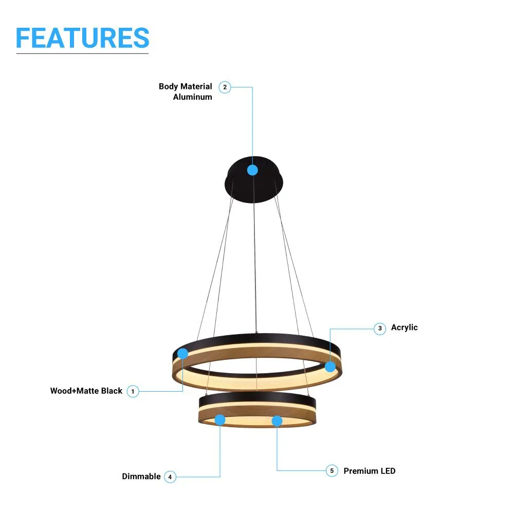 LED Pendant Light Fixture, Double Ring, Round, Dimmable, 3000K (Warm White), Wood and Matte Black (P1222-64)