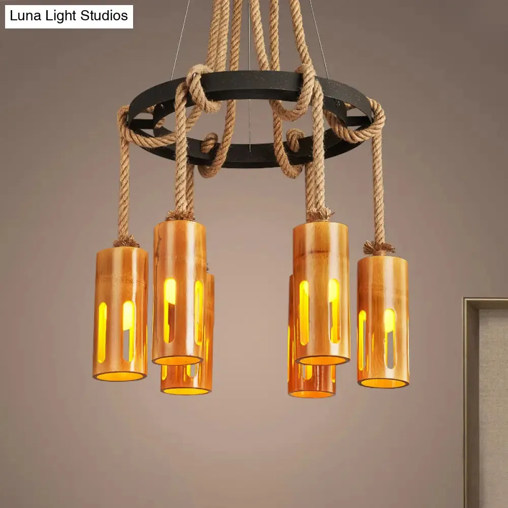 Lodge Style Bamboo Chandelier Pendant Lamp with Multi Lights and Hanging Rope