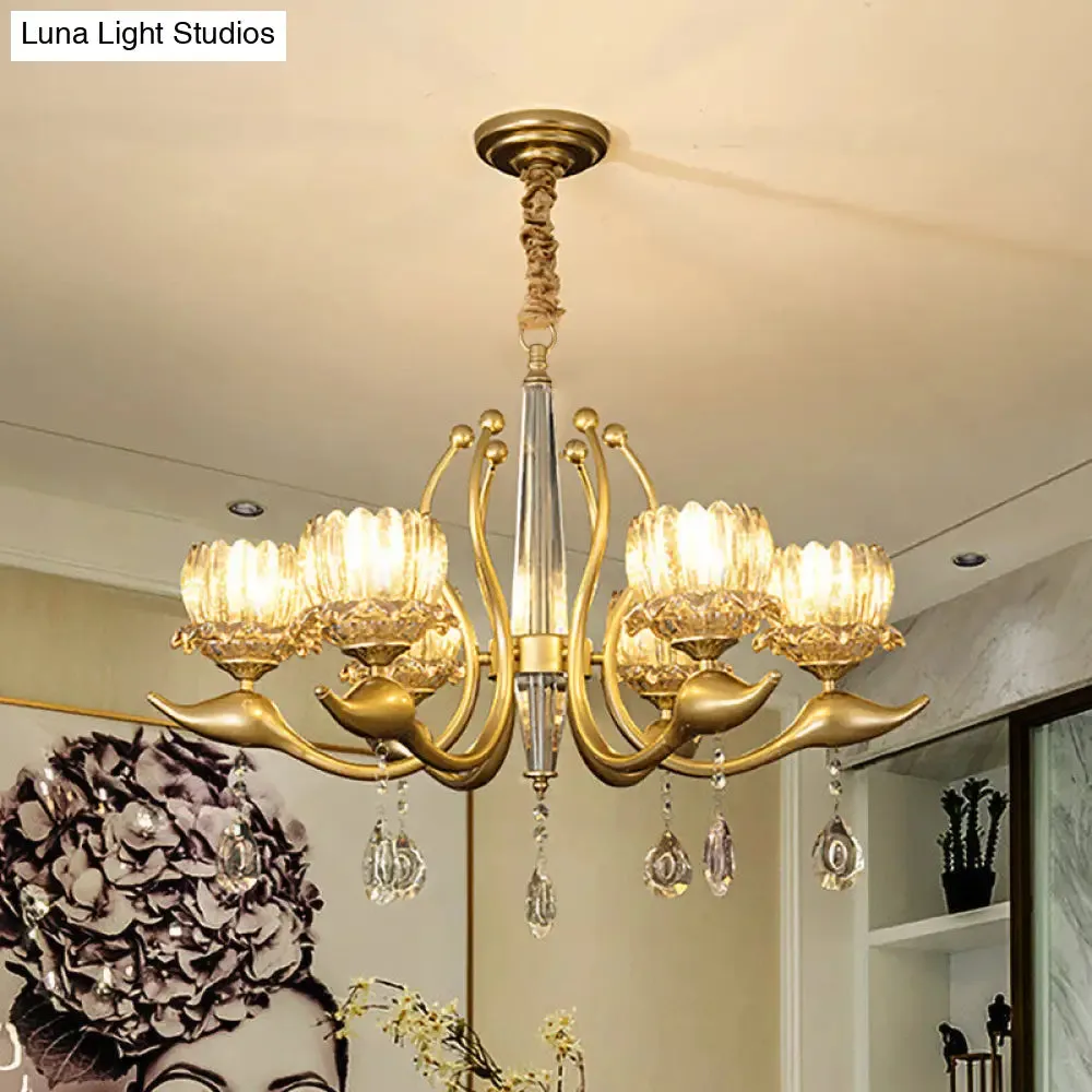 Lotus Shade Pendulum Chandelier - 6-Light, Traditional Gold Finish, Clear Crystal Pendant