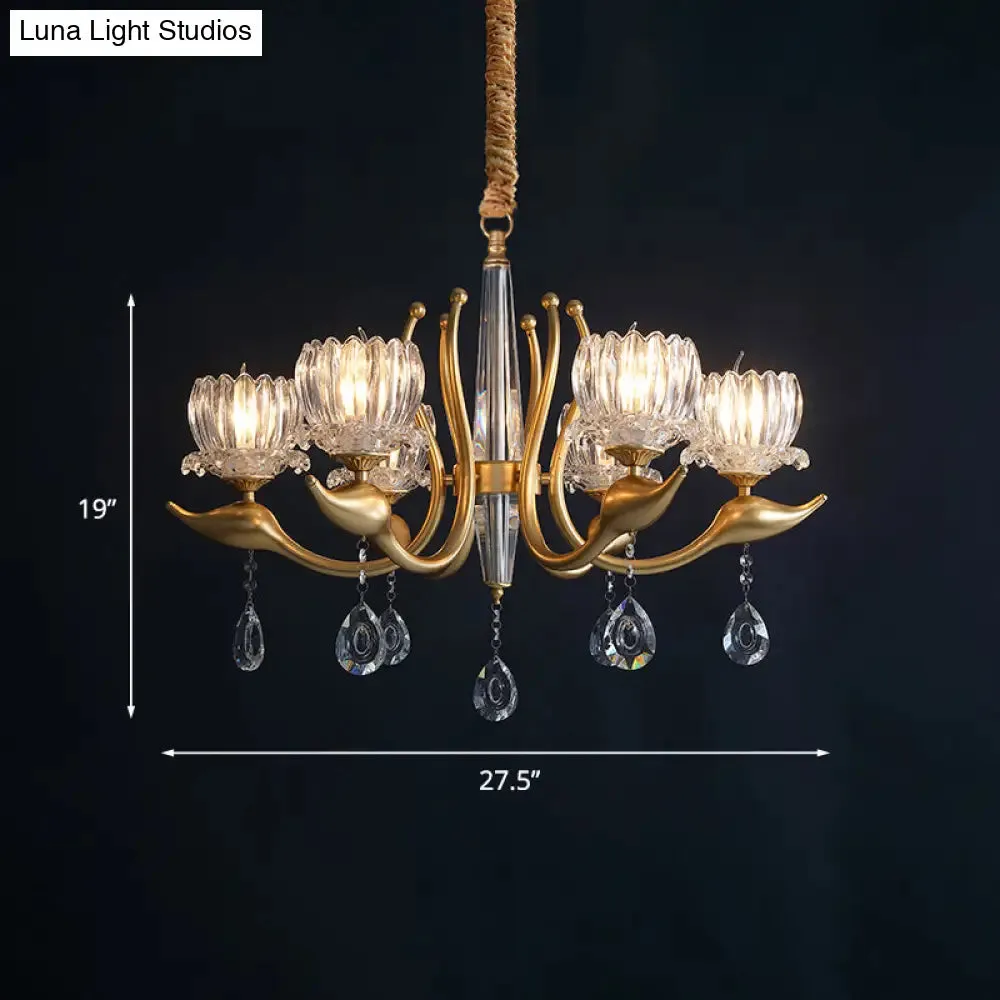 Lotus Shade Pendulum Chandelier - 6-Light, Traditional Gold Finish, Clear Crystal Pendant