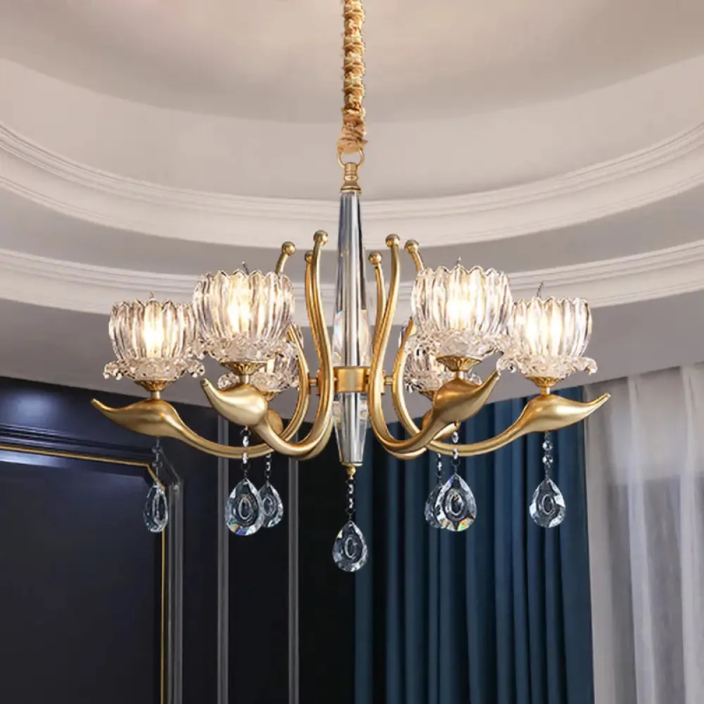 Lotus Shade Pendulum Chandelier - 6-Light, Traditional Gold Finish, Clear Crystal Pendant