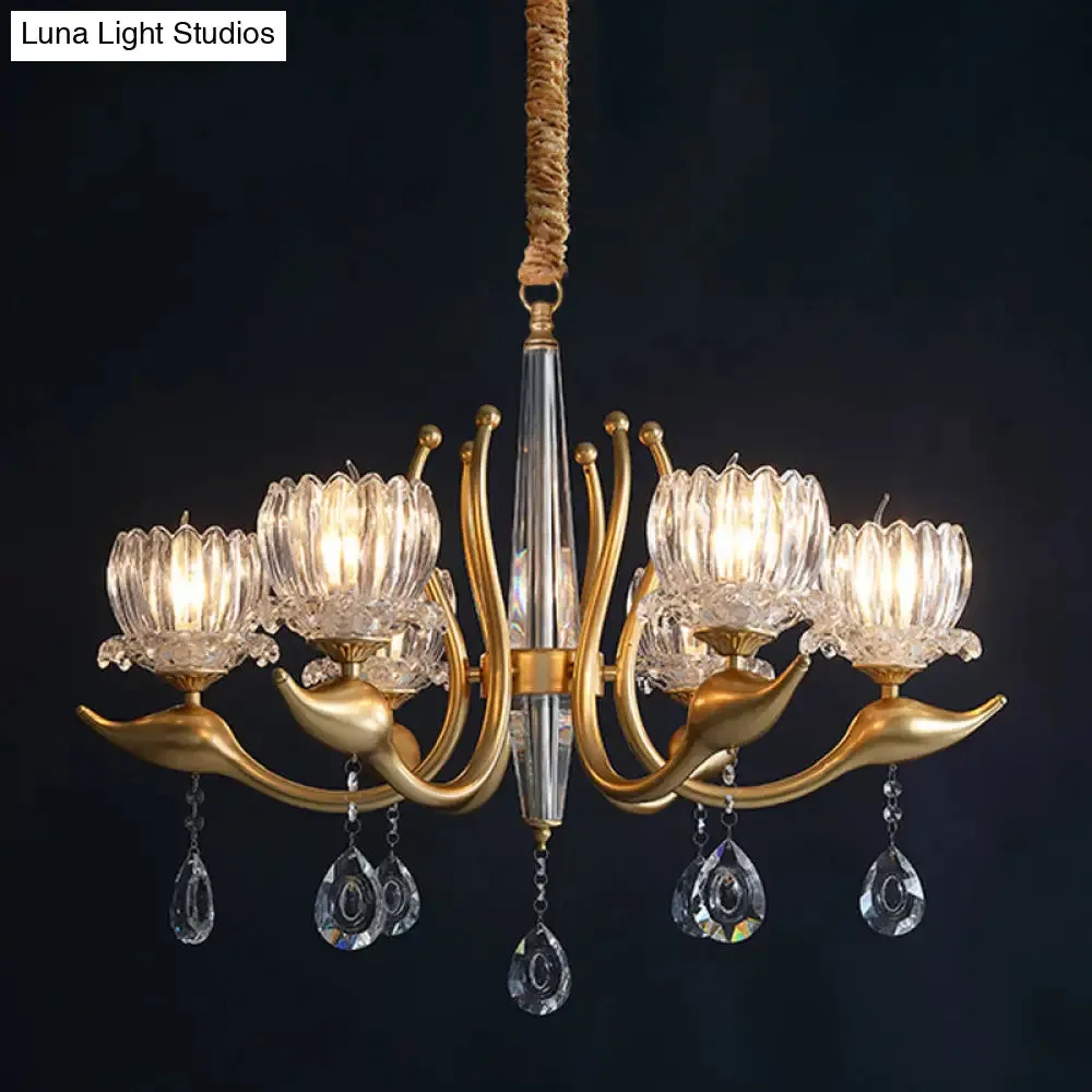 Lotus Shade Pendulum Chandelier - 6-Light, Traditional Gold Finish, Clear Crystal Pendant