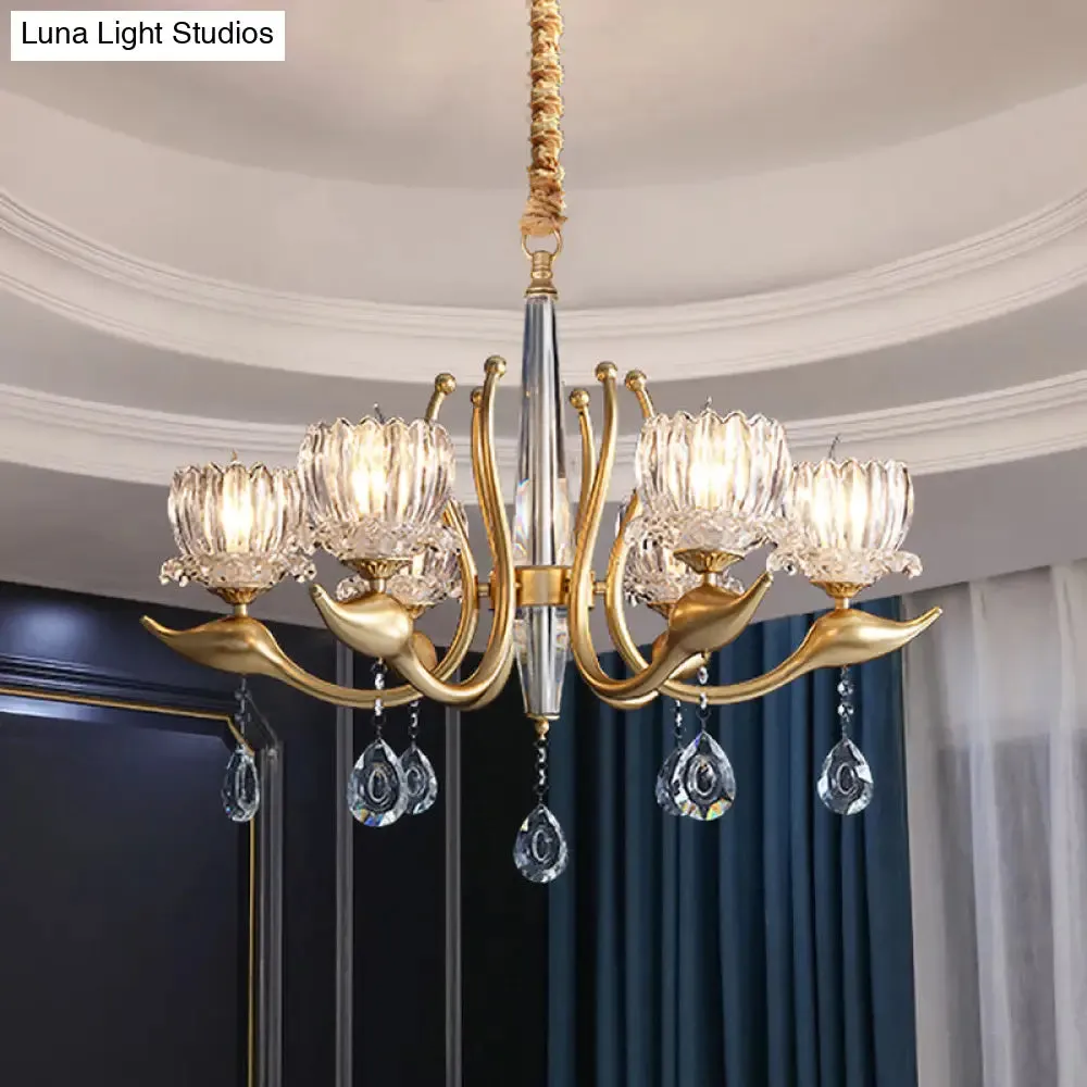 Lotus Shade Pendulum Chandelier - 6-Light, Traditional Gold Finish, Clear Crystal Pendant