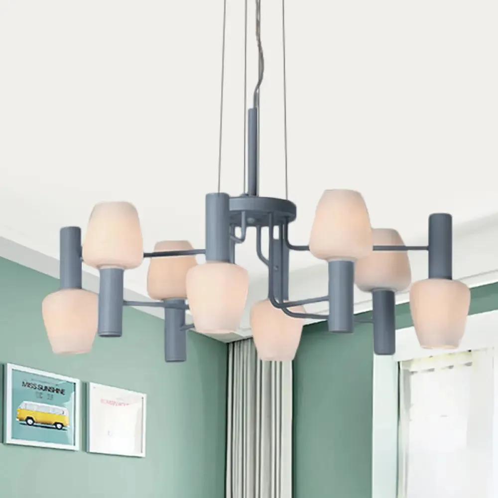 Macaron Pink/Yellow/Blue Lounge Chandelier with Milk Glass Shades - 8 Bulbs Hanging Lamp