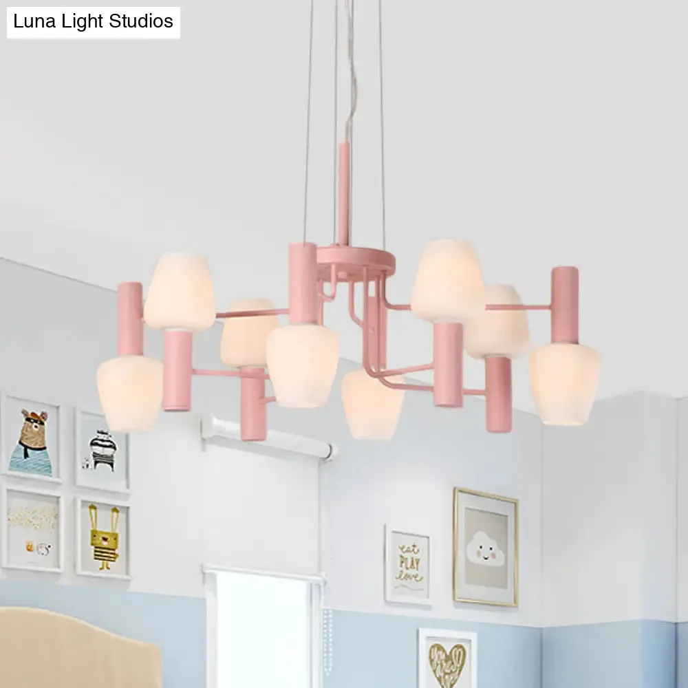 Macaron Pink/Yellow/Blue Lounge Chandelier with Milk Glass Shades - 8 Bulbs Hanging Lamp