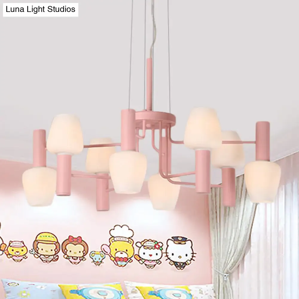 Macaron Pink/Yellow/Blue Lounge Chandelier with Milk Glass Shades - 8 Bulbs Hanging Lamp