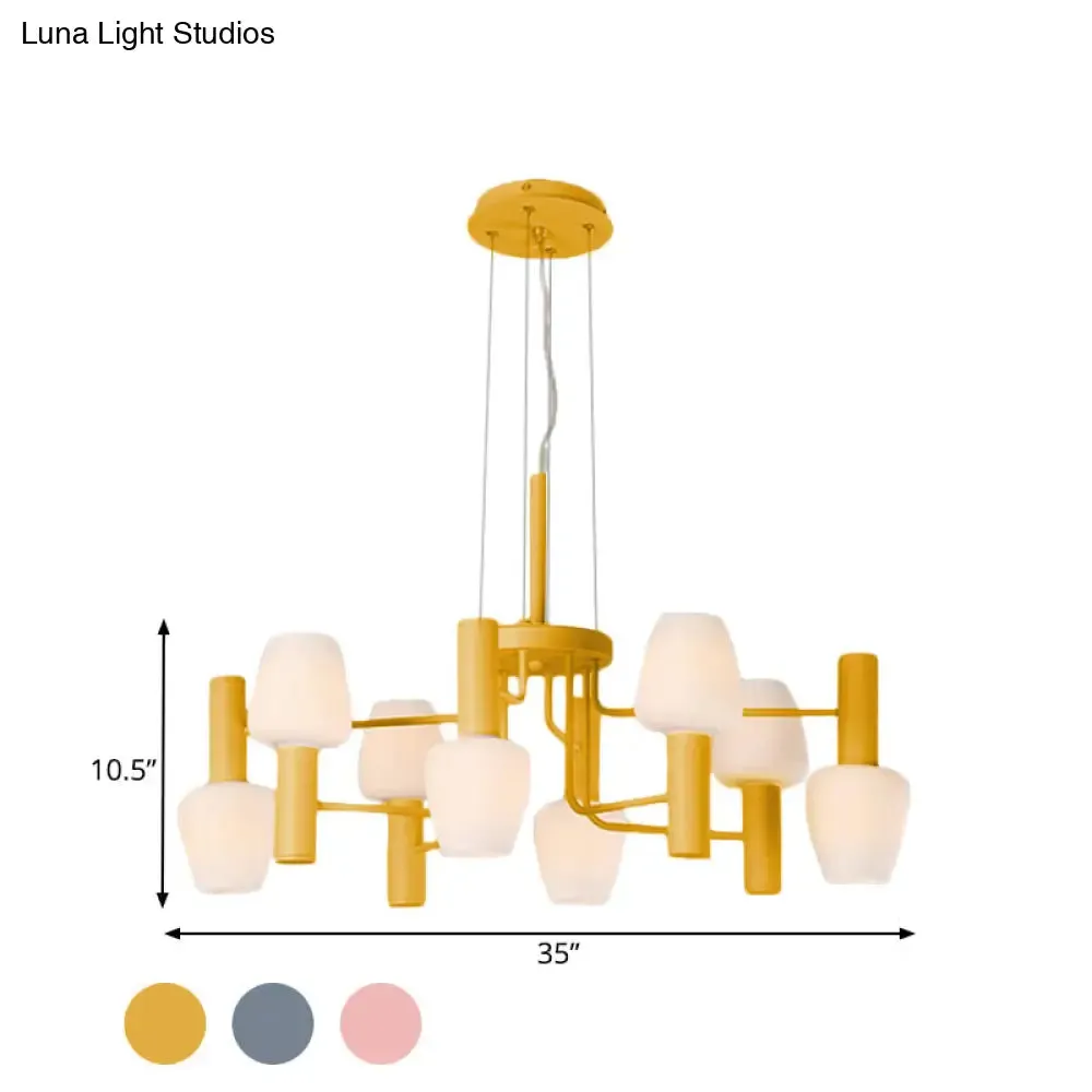 Macaron Pink/Yellow/Blue Lounge Chandelier with Milk Glass Shades - 8 Bulbs Hanging Lamp