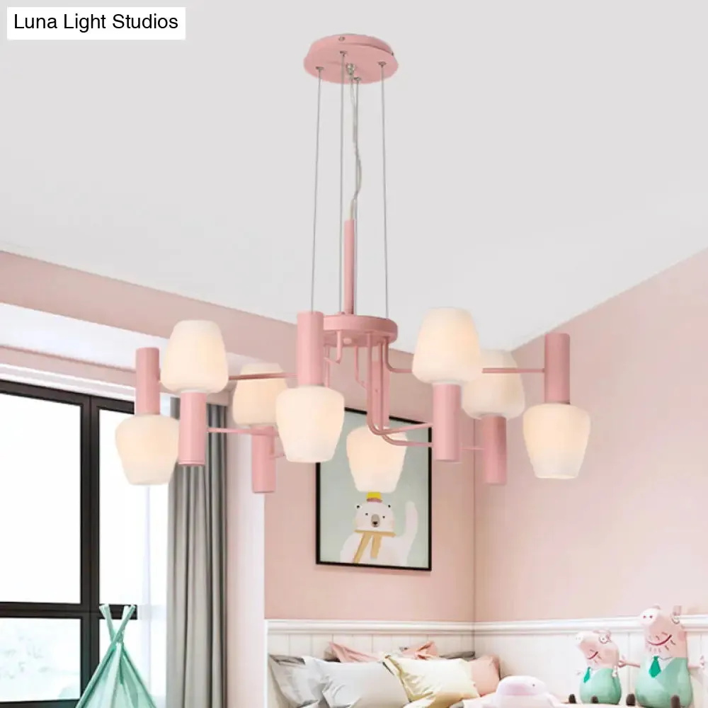 Macaron Pink/Yellow/Blue Lounge Chandelier with Milk Glass Shades - 8 Bulbs Hanging Lamp