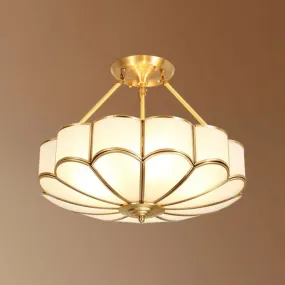 Minimalist Brass Pendant Chandelier with Cream Glass Flowers - Bedroom Suspension Light