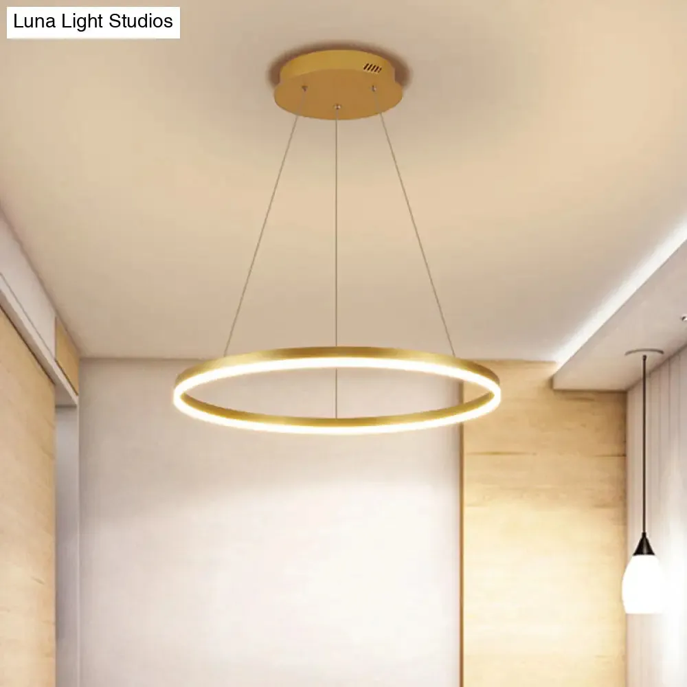 Minimalist Metal Ring Chandelier Lamp - LED Bedroom Ceiling Pendant in Gold (16"/19.5"/23.5") with Warm/White Light