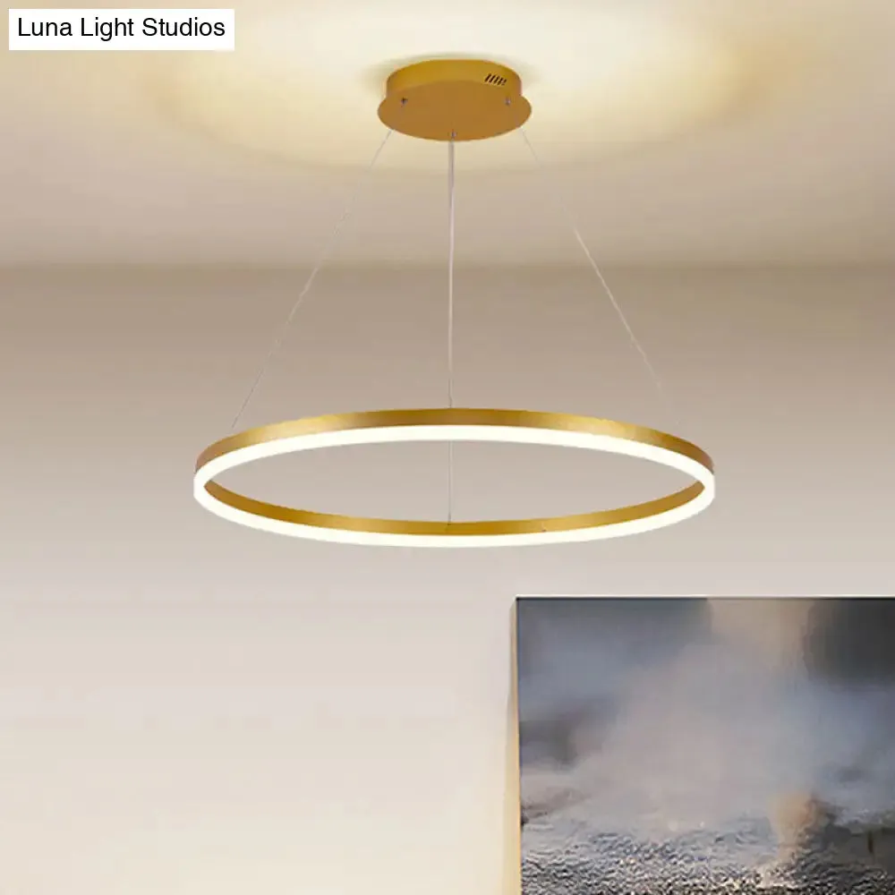 Minimalist Metal Ring Chandelier Lamp - LED Bedroom Ceiling Pendant in Gold (16"/19.5"/23.5") with Warm/White Light