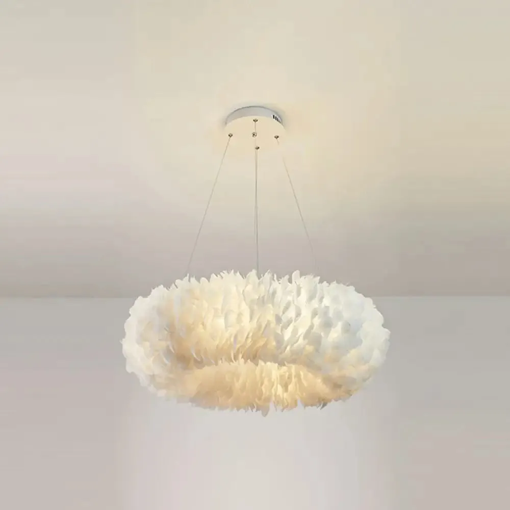 Minimalist White Feather Chandelier Pendant Light for Girls' Bedroom