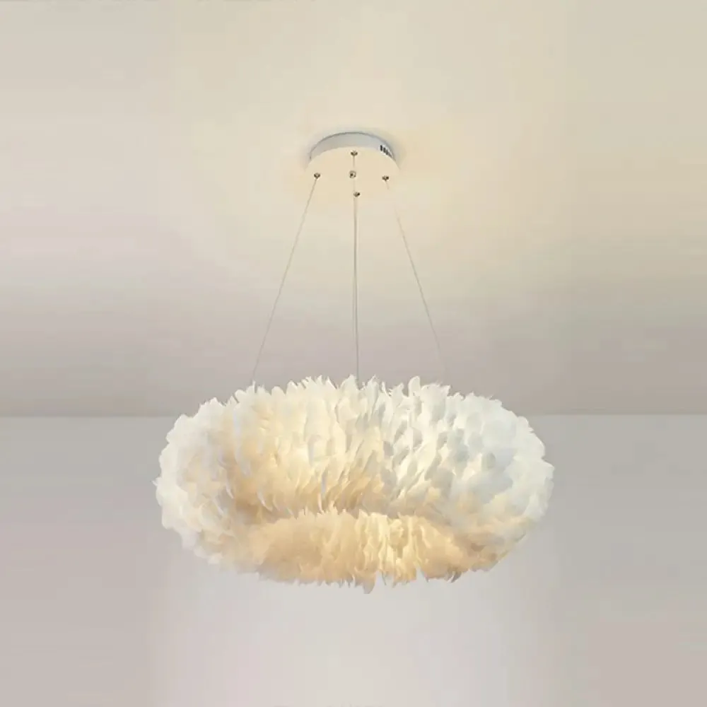 Minimalist White Feather Chandelier Pendant Light for Girls' Bedroom