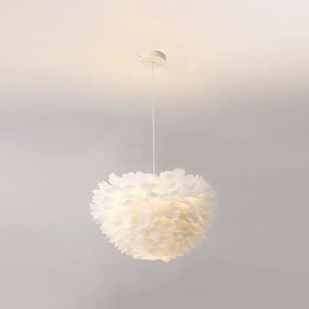 Minimalist White Feather Chandelier Pendant Light for Girls' Bedroom