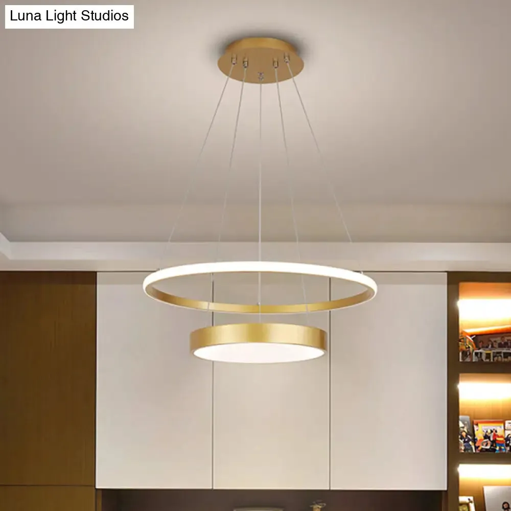 Modern 2-Tier Metallic Ring LED Chandelier in Gold - Warm/White Lighting