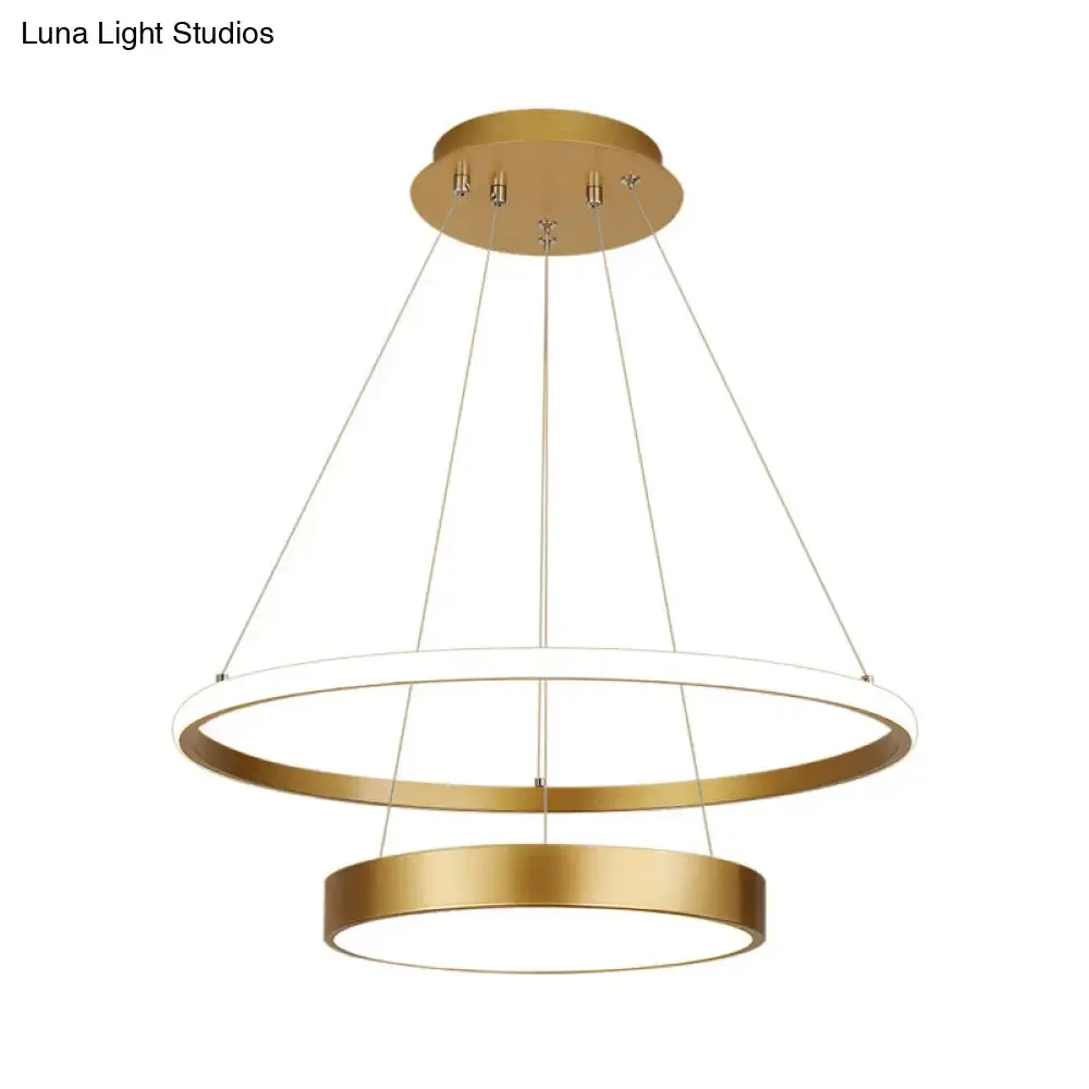 Modern 2-Tier Metallic Ring LED Chandelier in Gold - Warm/White Lighting