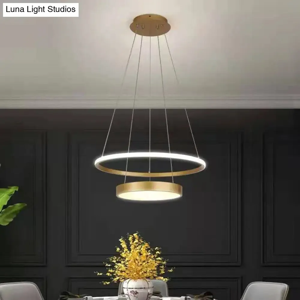 Modern 2-Tier Metallic Ring LED Chandelier in Gold - Warm/White Lighting