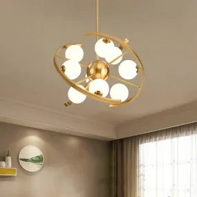 Modern 9-Light Gold Finish LED Suspension Chandelier - White Frosted Glass Orb Ceiling Light