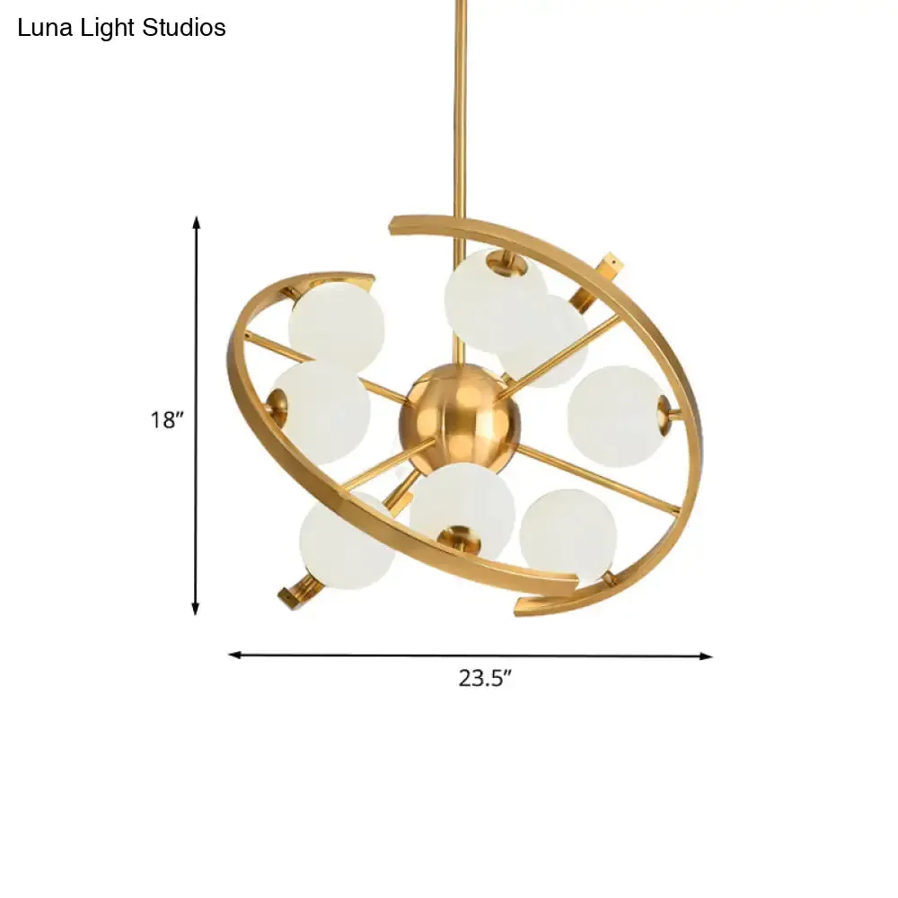 Modern 9-Light Gold Finish LED Suspension Chandelier - White Frosted Glass Orb Ceiling Light