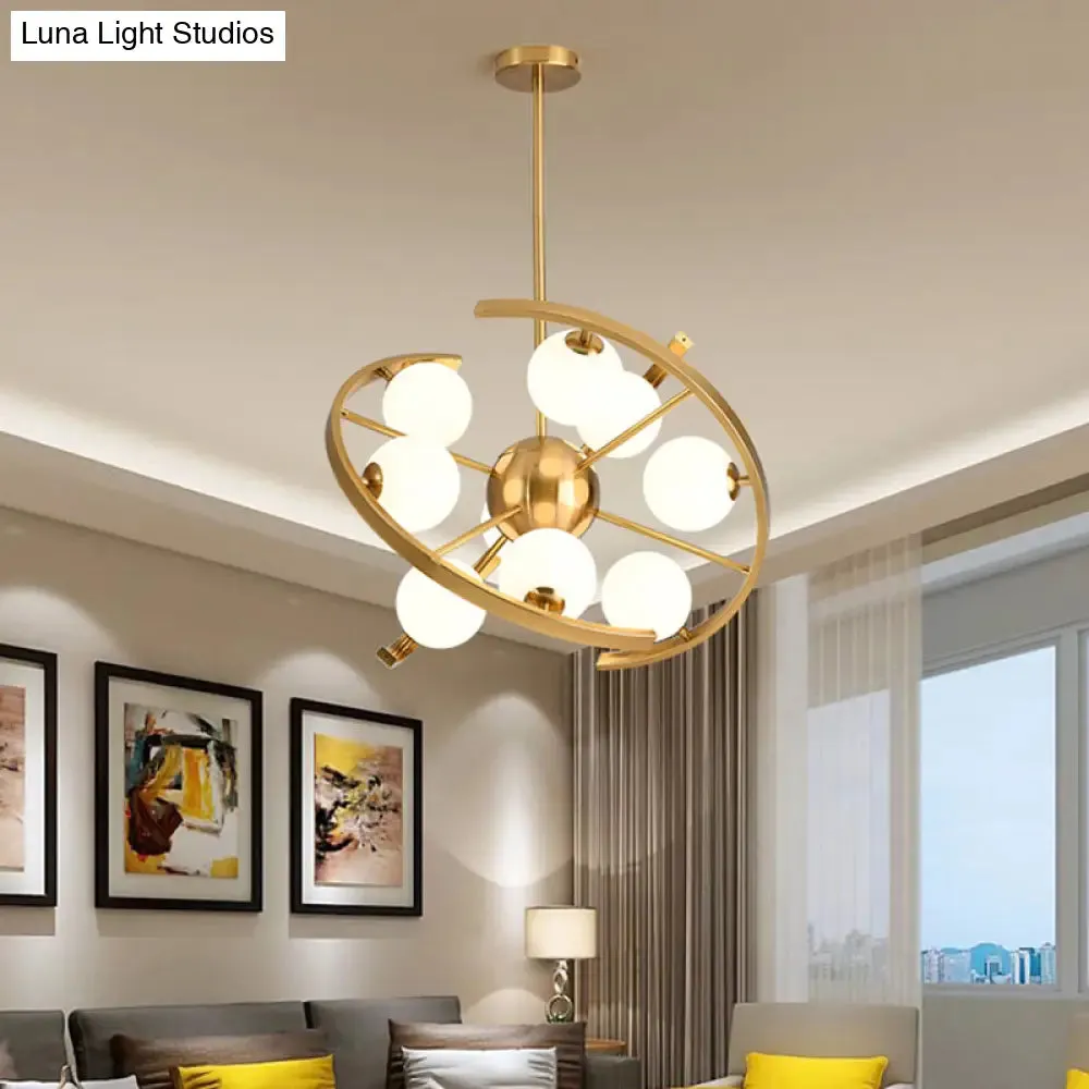 Modern 9-Light Gold Finish LED Suspension Chandelier - White Frosted Glass Orb Ceiling Light