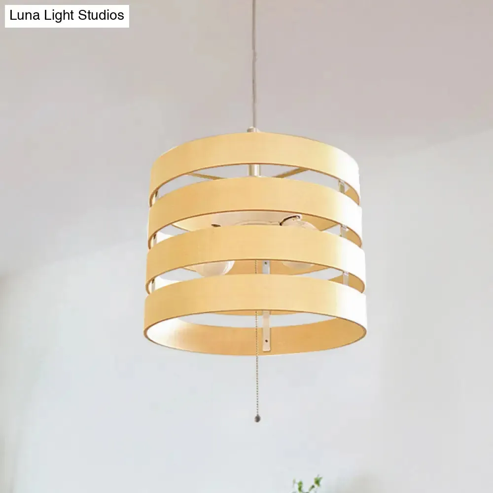 Modern Beige Pendant Chandelier with Pull Chain - Wood, Cylinder Frame, 2 Bulbs Included