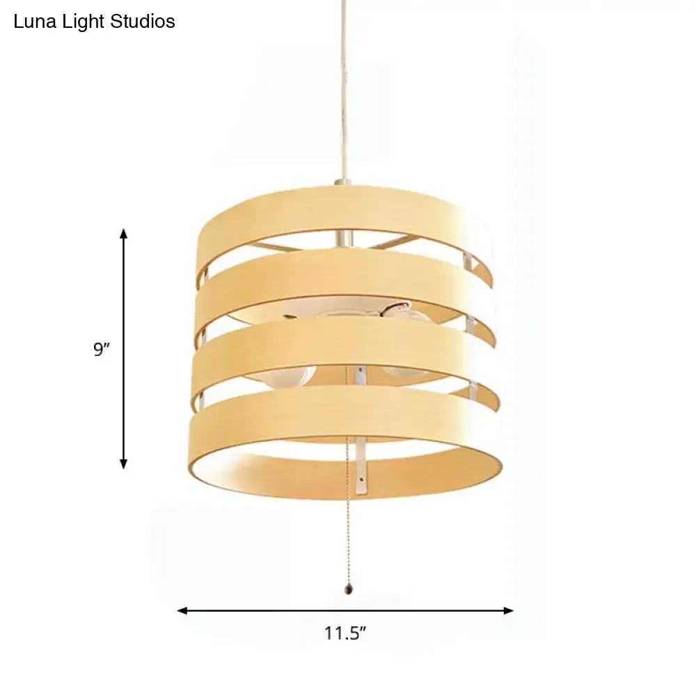 Modern Beige Pendant Chandelier with Pull Chain - Wood, Cylinder Frame, 2 Bulbs Included