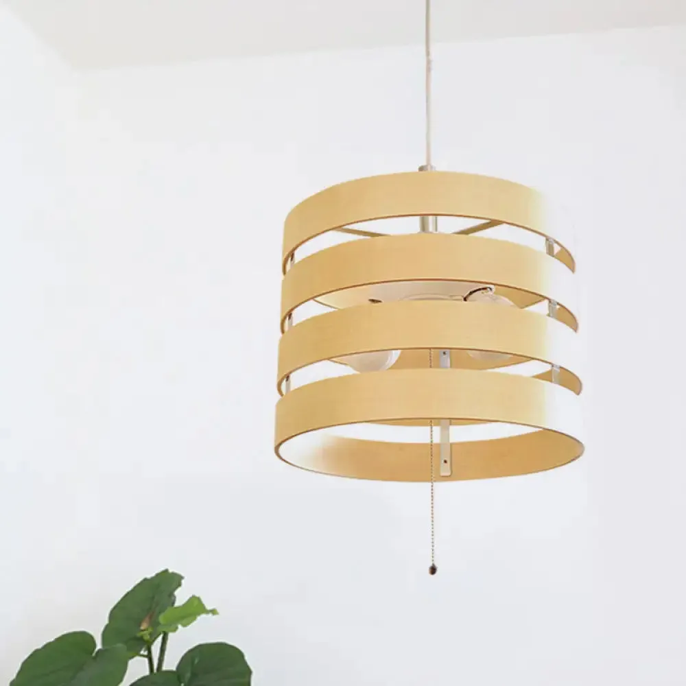 Modern Beige Pendant Chandelier with Pull Chain - Wood, Cylinder Frame, 2 Bulbs Included