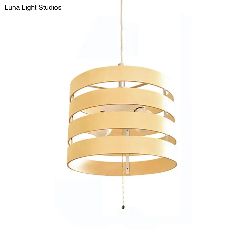 Modern Beige Pendant Chandelier with Pull Chain - Wood, Cylinder Frame, 2 Bulbs Included