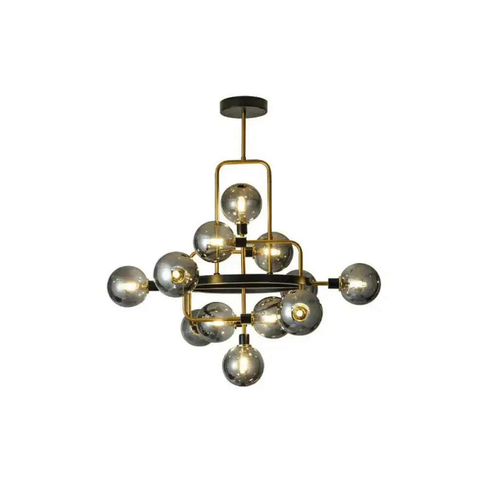 Modern Black and Brass Glass 3D Atomic Chandelier: 12-Bulb Suspension Light