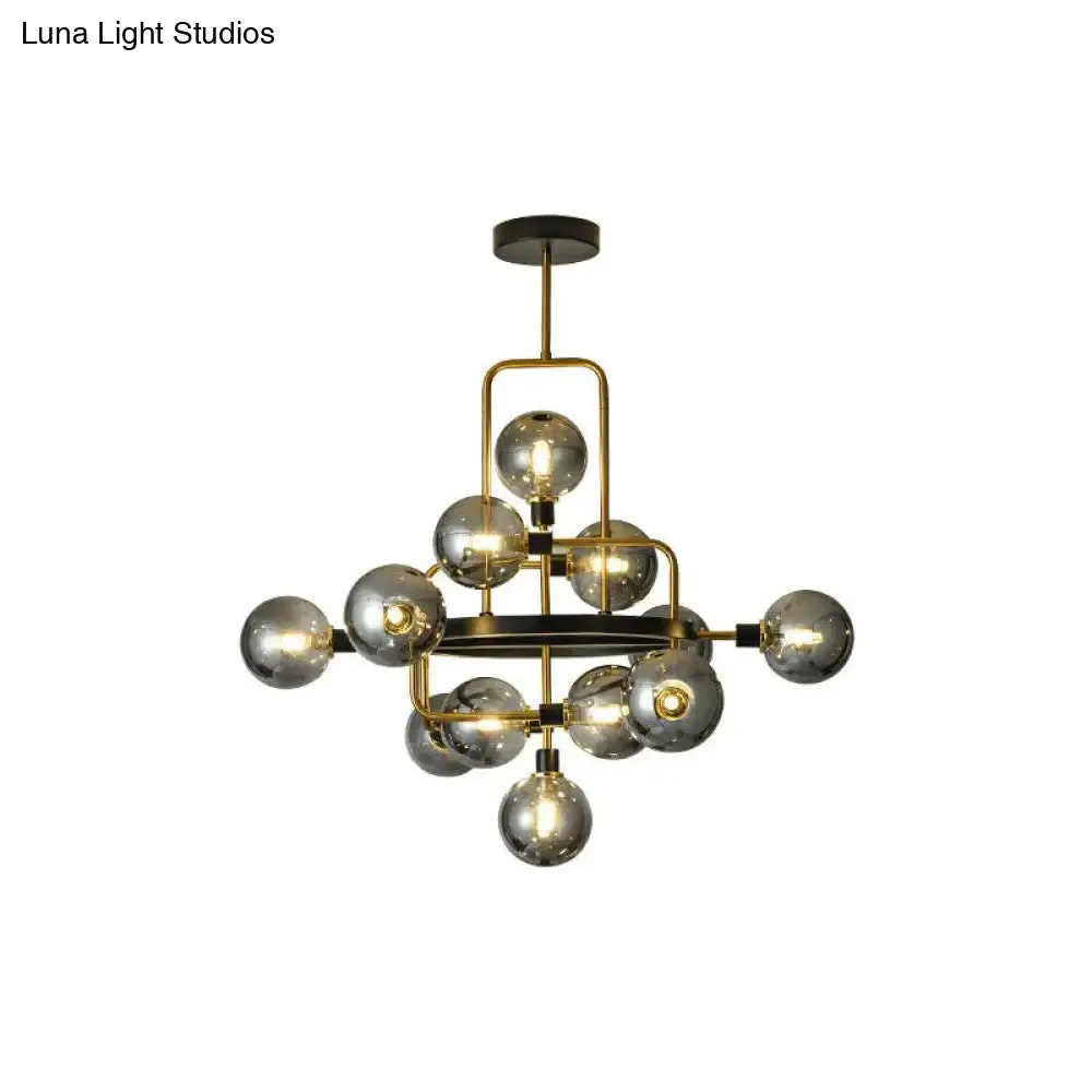 Modern Black and Brass Glass 3D Atomic Chandelier: 12-Bulb Suspension Light