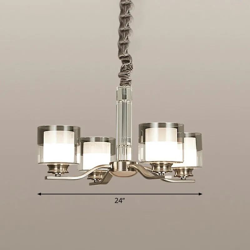 Modern Chrome Restaurant Chandelier with Cylindrical Frosted and Smoke Grey Glass