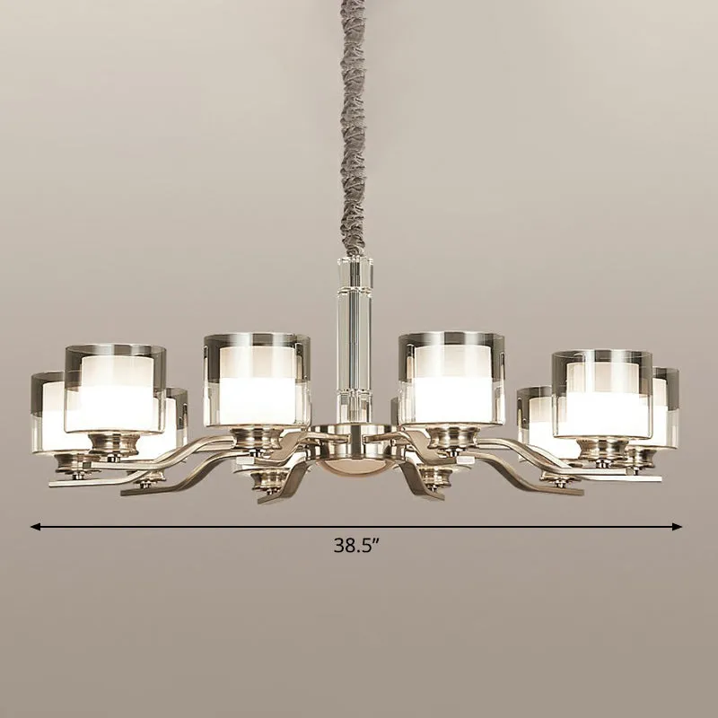 Modern Chrome Restaurant Chandelier with Cylindrical Frosted and Smoke Grey Glass