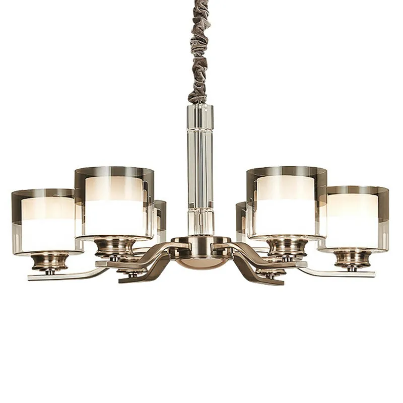 Modern Chrome Restaurant Chandelier with Cylindrical Frosted and Smoke Grey Glass