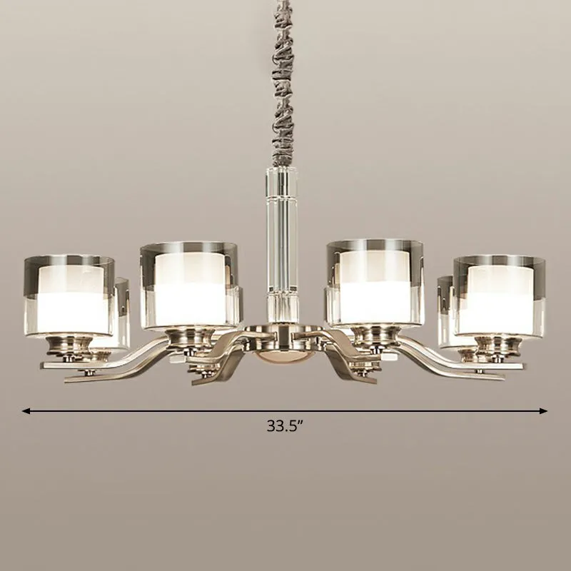 Modern Chrome Restaurant Chandelier with Cylindrical Frosted and Smoke Grey Glass