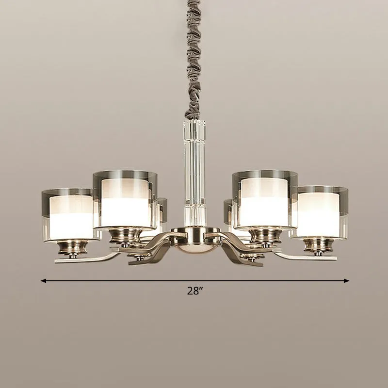 Modern Chrome Restaurant Chandelier with Cylindrical Frosted and Smoke Grey Glass