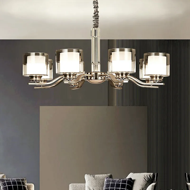 Modern Chrome Restaurant Chandelier with Cylindrical Frosted and Smoke Grey Glass