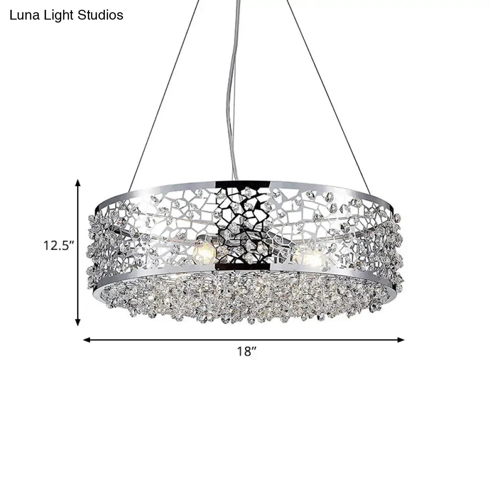 Modern Crystal Encrusted Pendant Chandelier with Drum Shade - 4 Lights, Chrome Finish