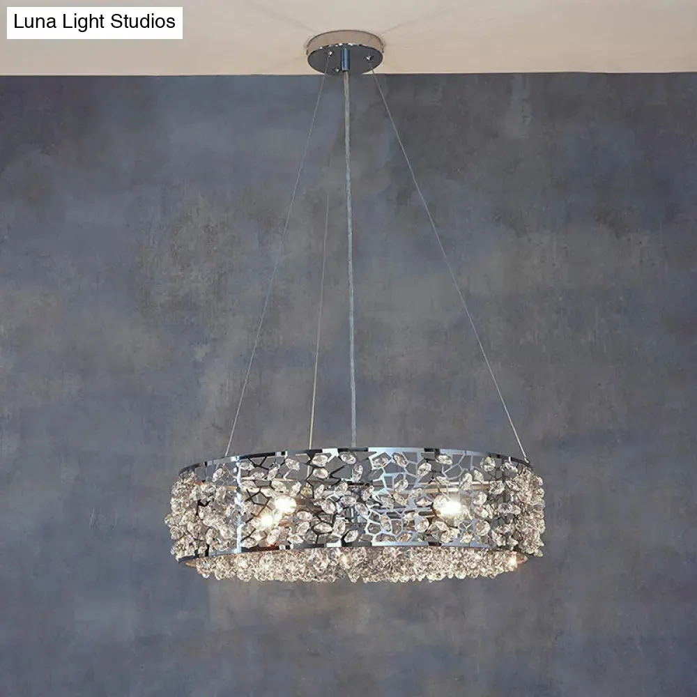 Modern Crystal Encrusted Pendant Chandelier with Drum Shade - 4 Lights, Chrome Finish